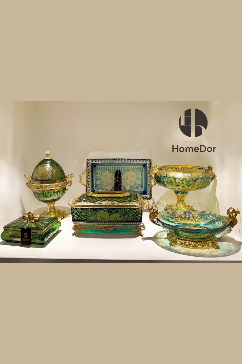 HomeDor × FH&Home | Exquisite Baroque Glass Floral Engravings Copper-cast Table Decor Set