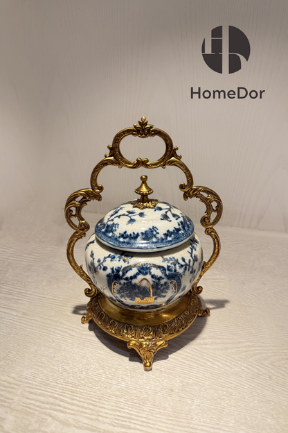 HomeDor-HomeDor × FH&Home | Exquisite Blue-and-White Porcelain Urn with Brass Handles and Lid-Decorative Canisters-L16cm × W15cm × H24cm-