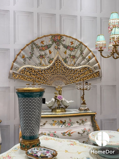 Chinoiserie Luxury Silver Foil Floral Fan Wall Art with Luxury Golden Figure Double Shell Porcelain Bowl