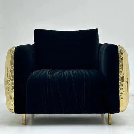 HomeDor Premium Luxury Black Velvet Single Brass Sofa Chair