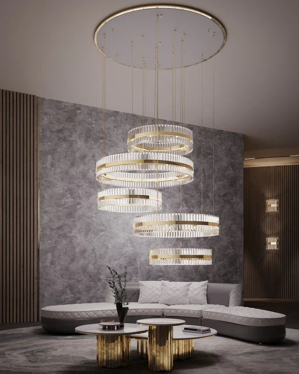 HomeDor 5-Ring Crystal Chandelier in Gold Finish