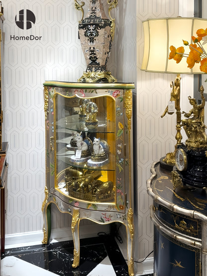 HomeDor Silver Foil Painted Triangular Glass Corner Display Cabinet