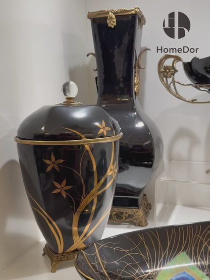 Classic Black Porcelain Table Decor Set with Elaborate Brass Embellishments
