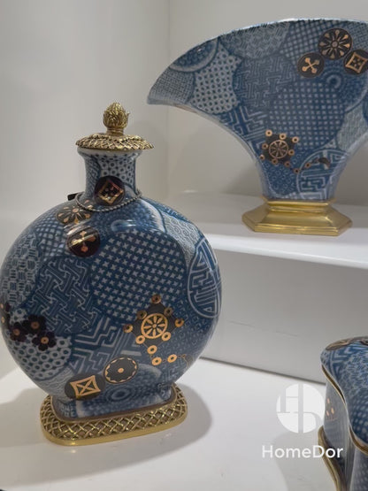 Blue and White Porcelain with Gold Accents Table Decor Set