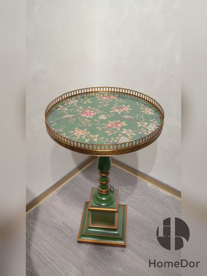 Vintage Style Green Round Tea/Coffee Table with Floral Patterns & Metal Accents