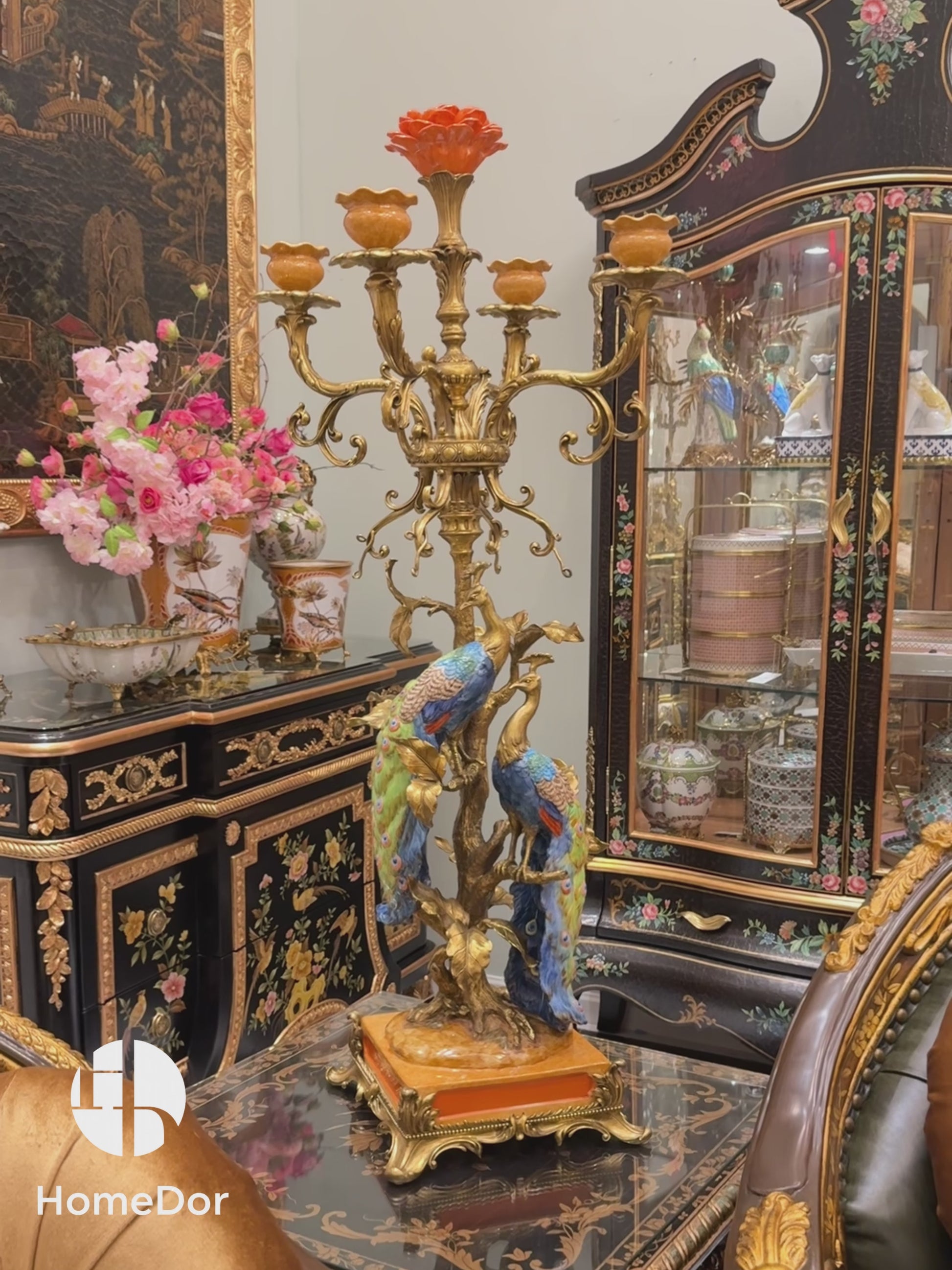 Artistic Ceramics Peacock Brass Candle Holder featuring brass carving and European palace style details. Perfect for luxury home decor, classical living rooms, and villa interiors.