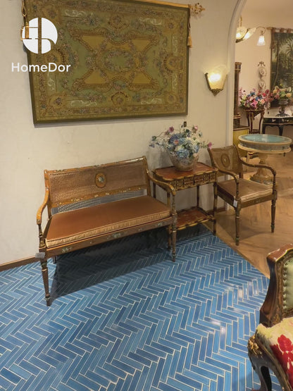 HomeDor × FH&Home | Chinoiserie Floral Rattan-Back Wood Loveseat