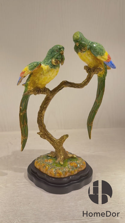 HomeDor × FH&Home | Luxury Nature-inspired Porcelain Parrot Table Decor on Intricately Carved Copper Tree