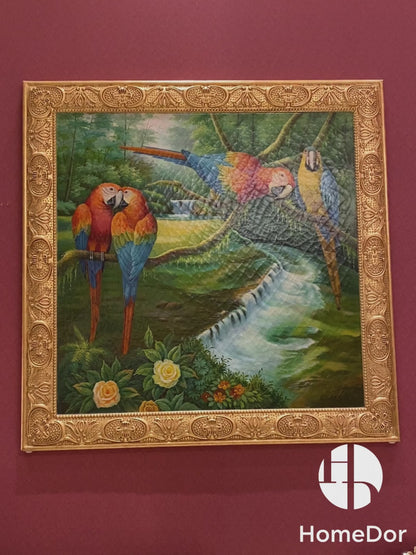 HomeDor Vintage Tropical Parrot Landscape Framed Wall Art