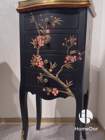 Oriental Classical Style High Legged Black Lacquer Chest of Drawers with Floral Motifs