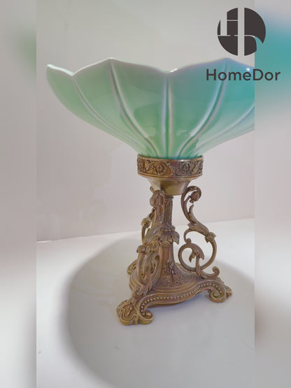 Artistic Celadon Porcelain Decorative Compote with Distinctive Ornate Brass Base