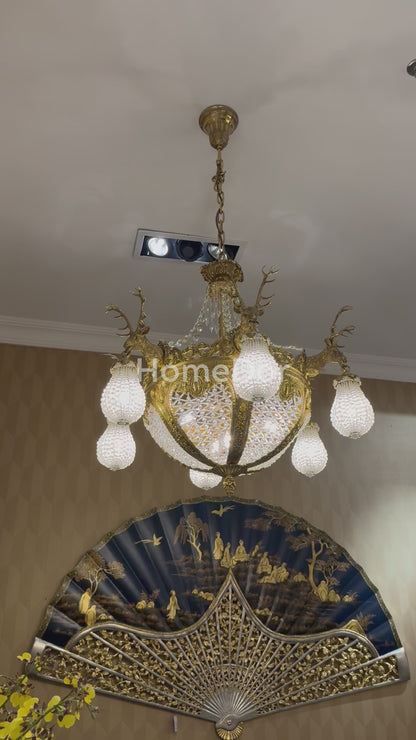 HomeDor × FH&Home | Baroque Revival Brass Deer Head Crystal Lantern Chandelier