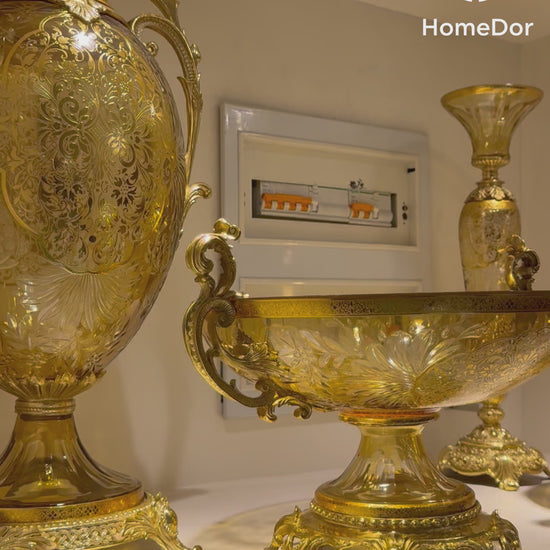 Handcrafted Aurora Glass Amber Gold Etched Floral Set featuring brass carving and European Palace style detials. Perfect for luxury home decor, classical foyer, and villa interiors
