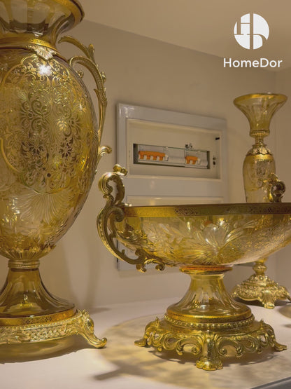 Handcrafted Aurora Glass Amber Gold Etched Floral Set featuring brass carving and European Palace style detials. Perfect for luxury home decor, classical foyer, and villa interiors