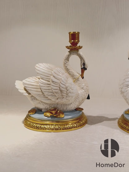 HomeDor Exquisito candelabro clásico de porcelana con forma de cisne de cobre