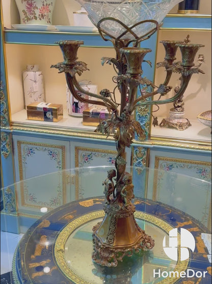 HomeDor Luxury Gold Cherub Candelabra with Crystal Fruit Bowl