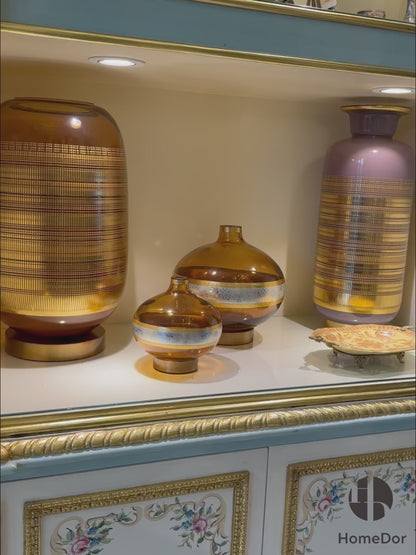 HomeDor × FH&Home | Luxury Amber Glass & Brass Decorative Vase Set