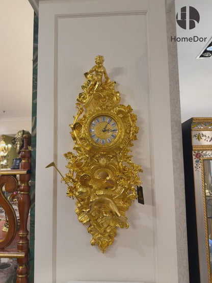 Ornate Rococo-Inspired 24K Gold Finish Brass Wall Clock