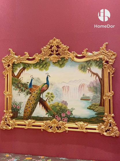 HomeDor × FH&Home | Opulent Baroque Carved Frame Peacock & Natural Wall Decor