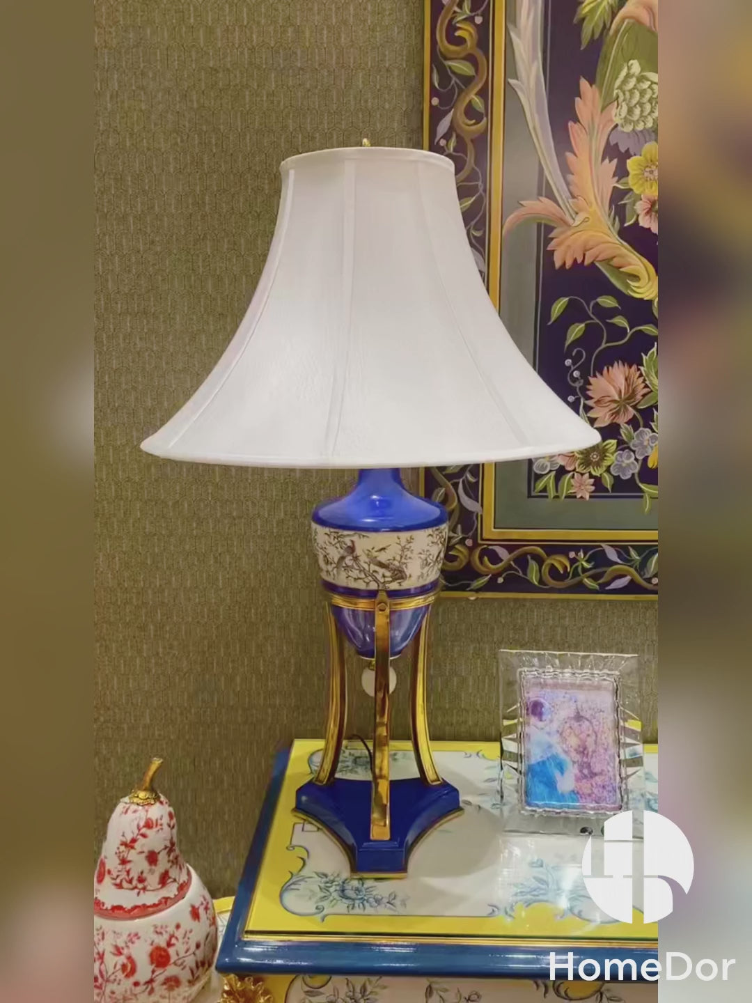 HomeDor × FH&Home | Elegant Chinoiserie Blue Porcelain Ink Wash Bird Motif Table Lamp
