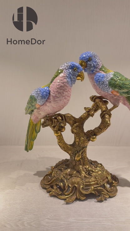 HomeDor × FH&Home | Luxury Nature-inspired Porcelain Parrot Table Decor on Intricately Carved Copper Tree