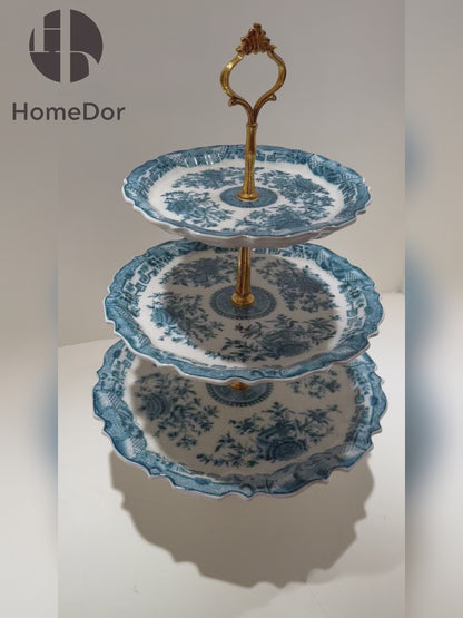 Classic Blue and White Porcelain Brass 3-Layer Dessert Serving Tray/Platter