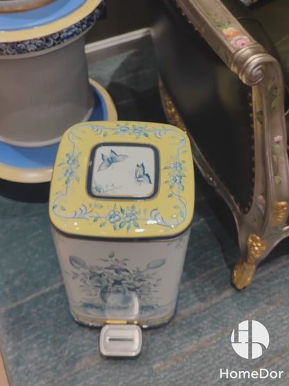 HomeDor Chinoiserie Elegant Blue & White Floral Painted Accent Trash Bin
