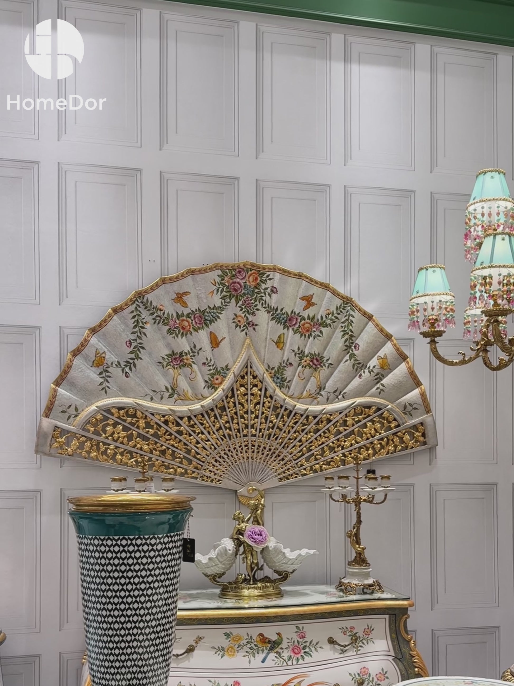 Chinoiserie Luxury Silver Foil Floral Fan Wall Art