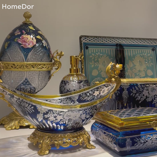 Handcrafted Aurora Glass Cobalt Blue & Sapphire Blue Etched Floral Set featuring brass carving and European Palace style detials. Perfect for luxury home decor, classical foyer, and villa interiors