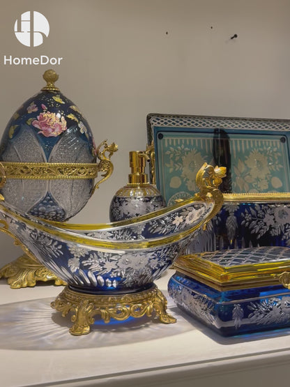 Handcrafted Aurora Glass Cobalt Blue & Sapphire Blue Etched Floral Set featuring brass carving and European Palace style detials. Perfect for luxury home decor, classical foyer, and villa interiors