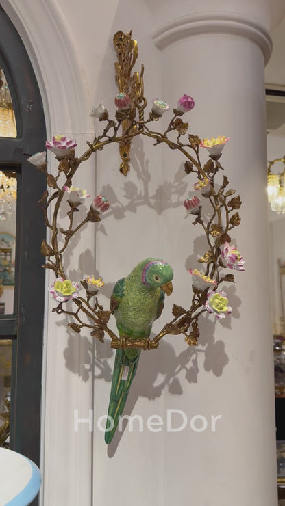 HomeDor × FH&Home | Artistic Hanging Wall Decor of Parrot Perched on Floral Hoop