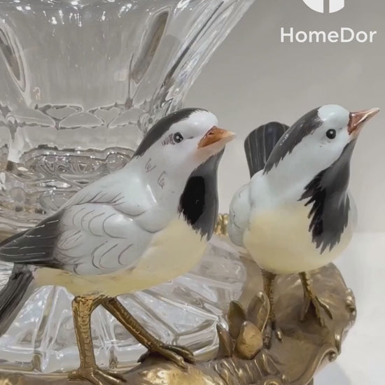 Elegant Scalloped Crystal Vase with Great Tit & Ornate Brass Base