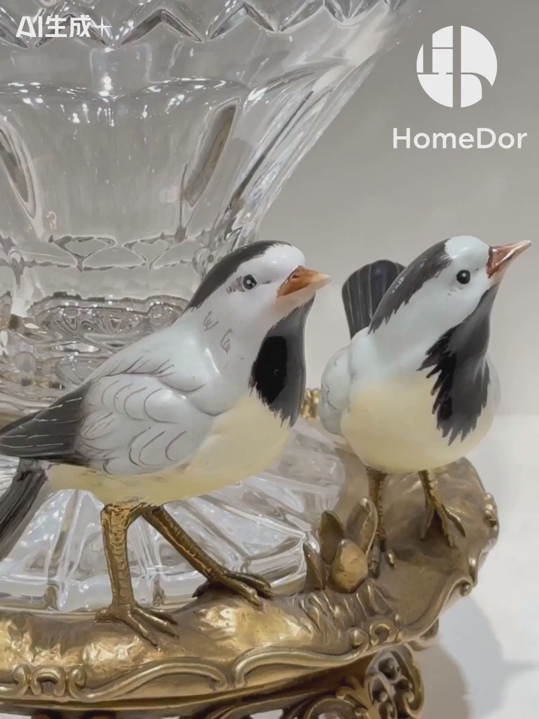 Elegant Scalloped Crystal Vase with Great Tit & Ornate Brass Base