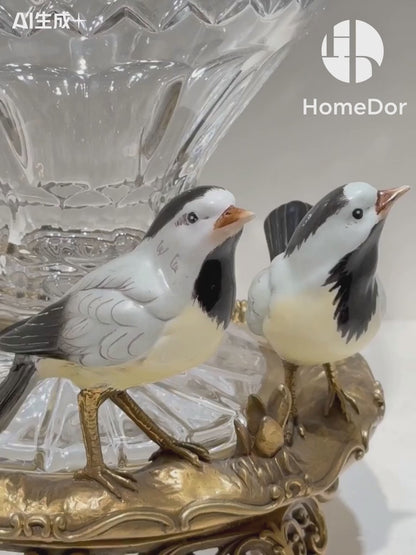 Elegant Scalloped Crystal Vase with Great Tit & Ornate Brass Base