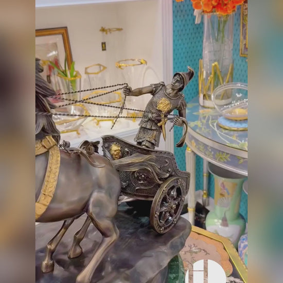 HomeDor × FH&Home | Bronze Chariot Sculpture with Galloping Horses and Detailed Charioteer
