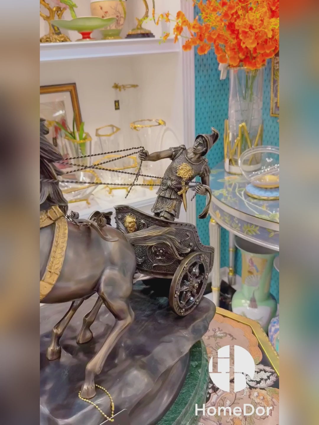 HomeDor × FH&Home | Bronze Chariot Sculpture with Galloping Horses and Detailed Charioteer
