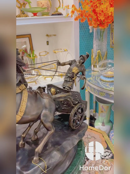 HomeDor × FH&Home | Bronze Chariot Sculpture with Galloping Horses and Detailed Charioteer
