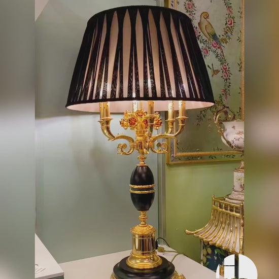 HomeDor × FH&Home | Luxury Porcelain Black & Gold Pleated Shade Brass Table Lamp