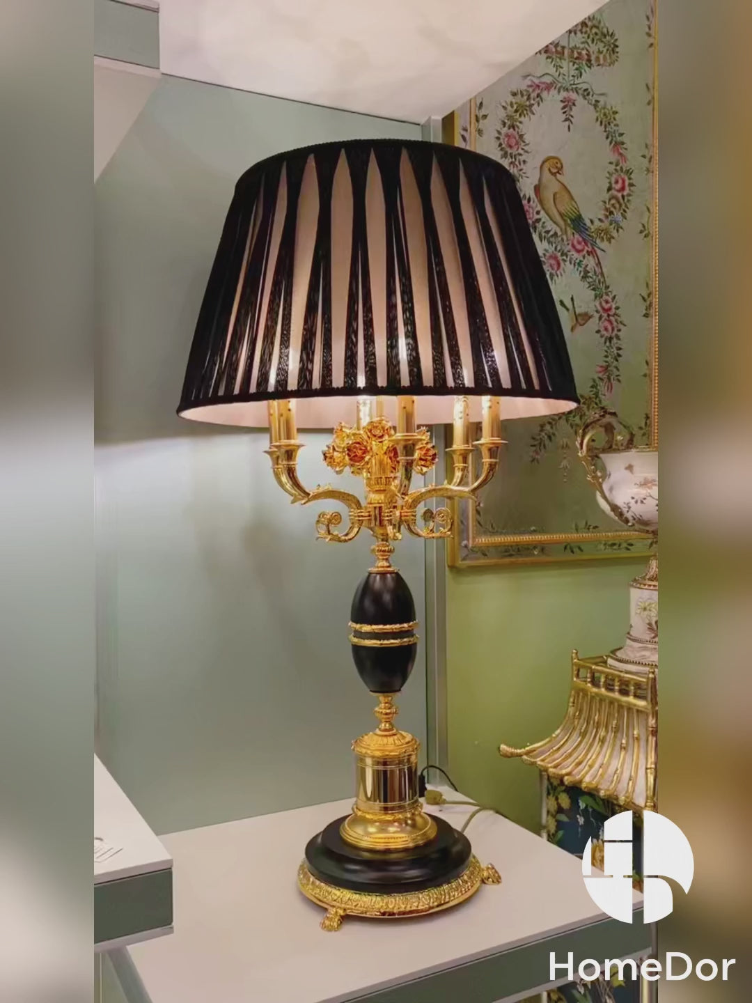HomeDor × FH&Home | Luxury Porcelain Black & Gold Pleated Shade Brass Table Lamp