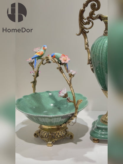 Artistic Lush Green Crackle Porcelain Table Decor Set with Brass Embellishments