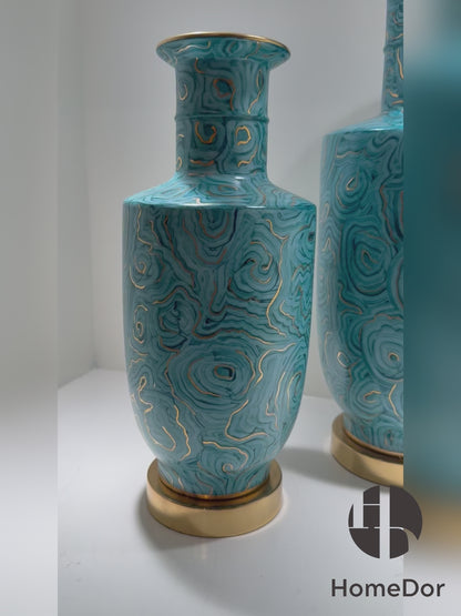 Turquoise Porcelain Vases with Distinctive Golden Swirl Patterns and Unique Brass Base & Rim