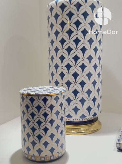 Modern Blue and White Geometric Porcelain Table Decor Set