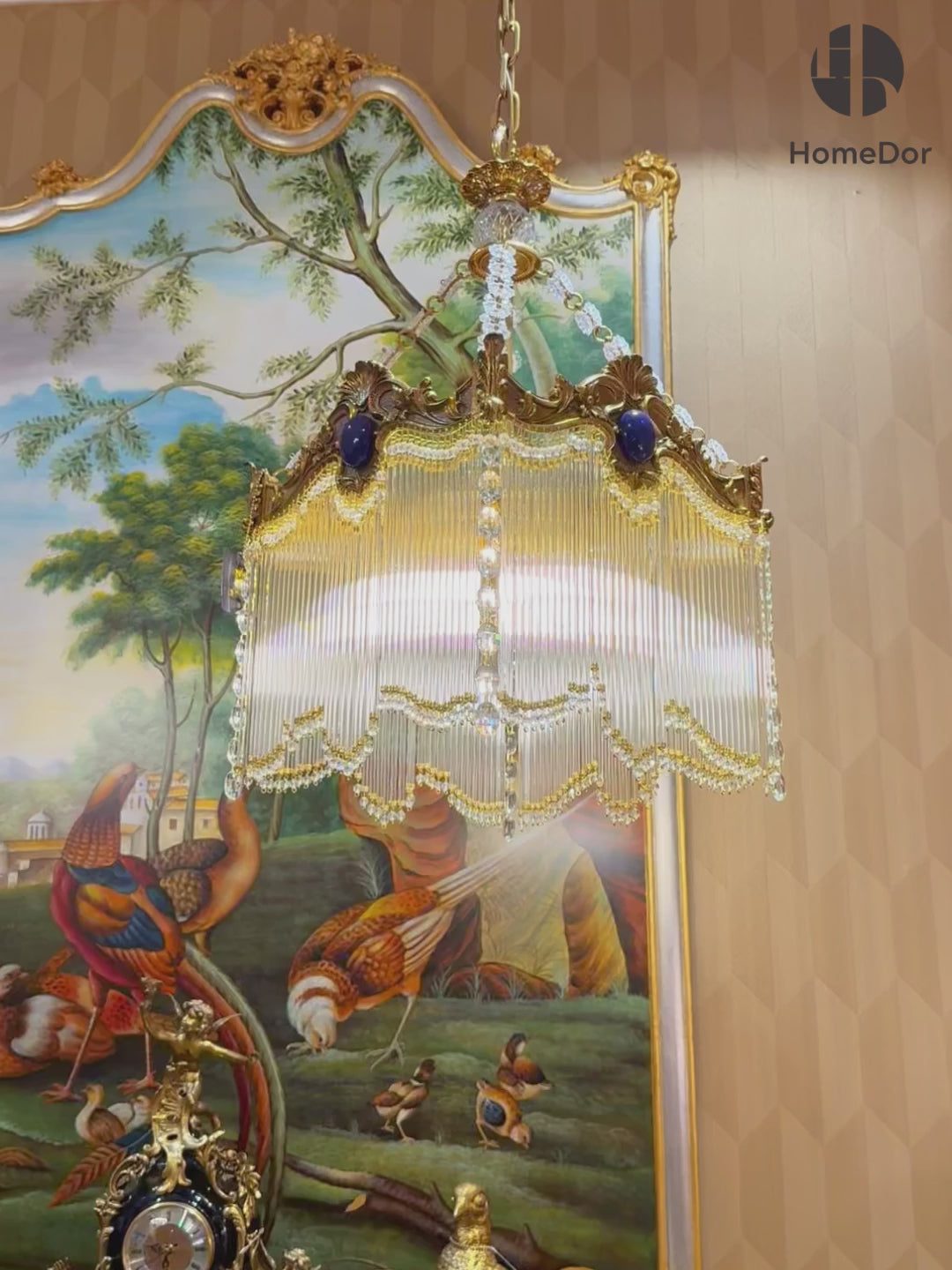  Designed in a retro-inspired aesthetic, its ornate structure pairs with dangling crystal tassels that catch light to cast a soft, luminous glow, making it a standout focal piece for any space.