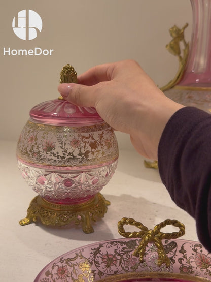 HomeDor Aurora Glass Blush Etched Floral Table Decor Set