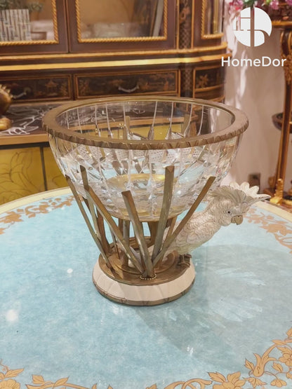 HomeDor Opulent White Cockatoo Accent Crystal Fruit Bowl