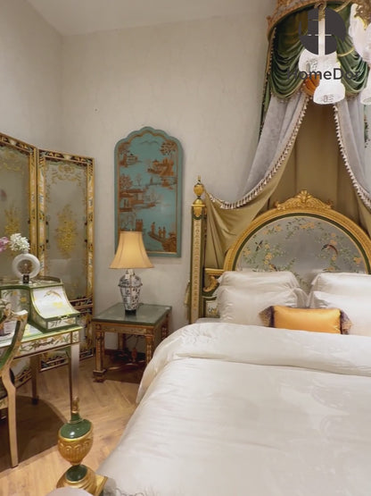 Louis XV Vernis Martin Rose Canopy Bed with Crown