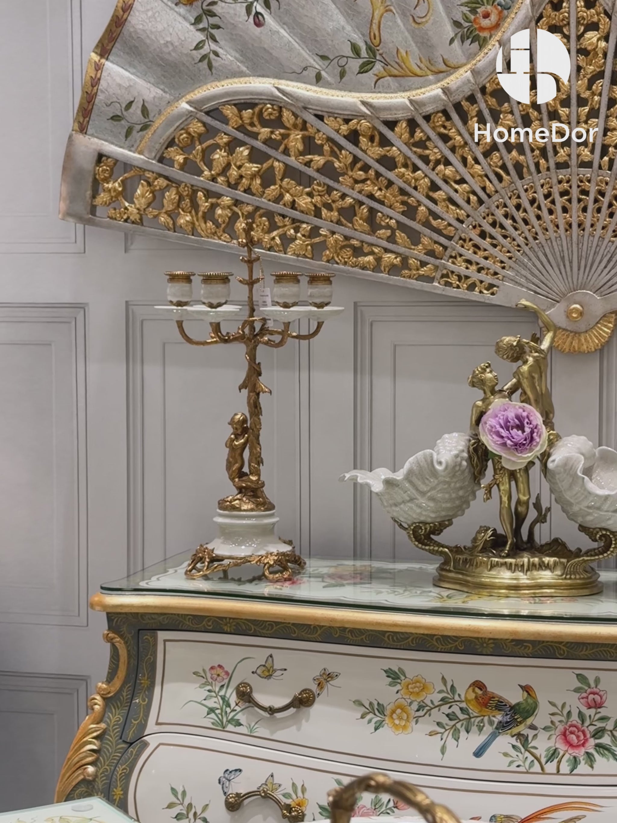 Luxury Golden Figure Double Shell Porcelain Bowl with Decorative Cherub 6-Arm White Candelabra Pair