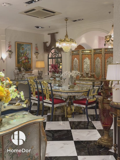 HomeDor Luxury Dining Table with Blue and White Floral Motifs & Gold Embellishments