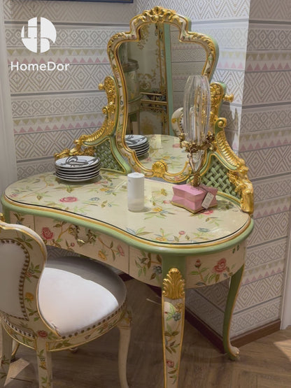 HomeDor × FH&Home | Luxury Rococo Hand-Painted Floral Dressing Table with Ornate Mirror