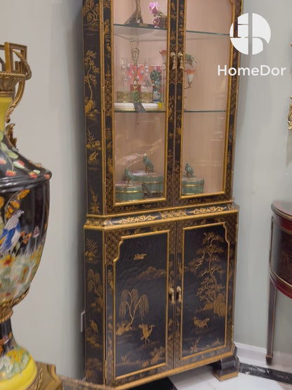 HomeDor × FH&amp;Home | خزانة عرض زجاجية مقوسة على الطراز الفرنسي الآسيوي بنقش ذهبي مستوحى من الطبيعة ولمسة نهائية متشققة
